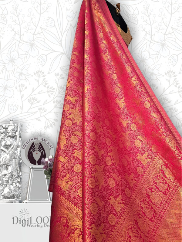 Shikargah Saree in Pure Handloom Malwari Silk in fuchsia pink colour 4