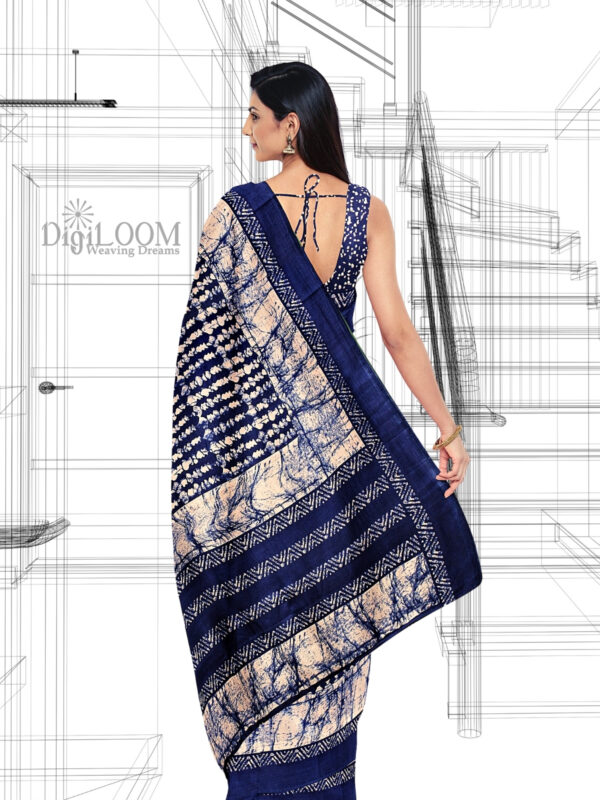 Blue Handloom Moonga Mulberry Silk Saree with Batik Prints - a4