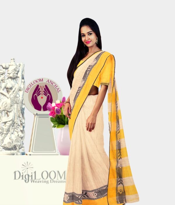 Digiloom Bengal Handloom Cotton Saree in Cream Colour with intricate fish motif 2