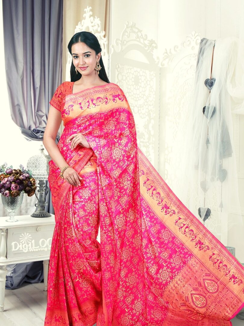 Handloom Malwari Silk in fuchsia pink colour with traditional tribal motifs 1