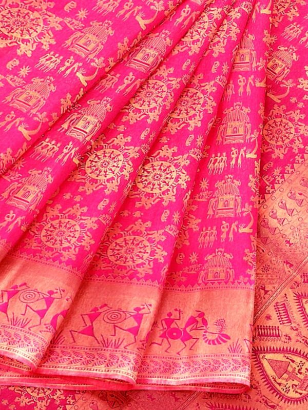 Handloom Malwari Silk in fuchsia pink colour with traditional tribal motifs 7