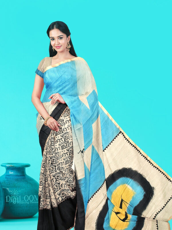 Moonga Cotton Saree with Quirky Block Prints and Hand Painted Pallu 1