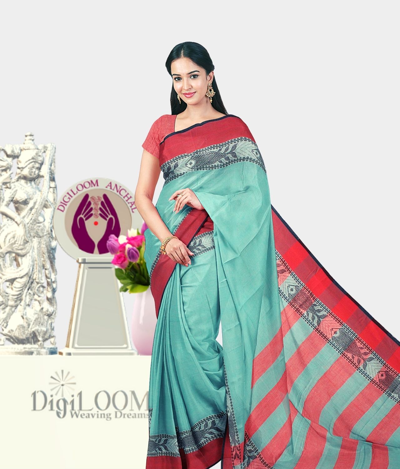 Firoza colour bhujodi design in Bengal Handloom cotton saree -